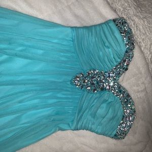 Teal, strapless David’s Bridal prom dress